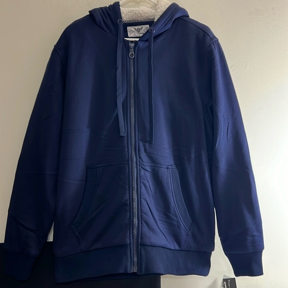 NEW Q-ACTIVE BLUE SHERPA LINED FAUX FUR FULL ZIP HOODIE JACKET SIZE LARGE - Picture 1 of 10